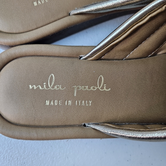 Mila Paoli Gold Metallic Leather Cross Strap Slides Sandals 7.5 Made in Italy - Picture 3 of 8